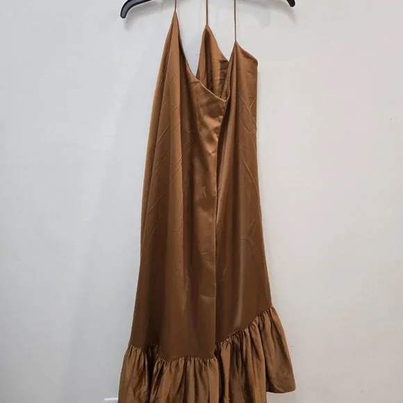 ✨ Padova Bronze Satin Ruffle-Hem Slip Dress – Elegant Midi Style - Picture 7 of 8